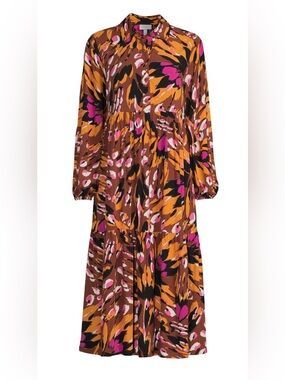 THE GET Womens Tiered Shirt Midi Dress Large Abstract Animal Print Boho Fall